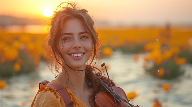 A woman holding a violin in front of a field of flowers at sunset with the sun shining on her