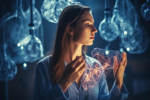 Woman holding virtual lungs 3d illustration