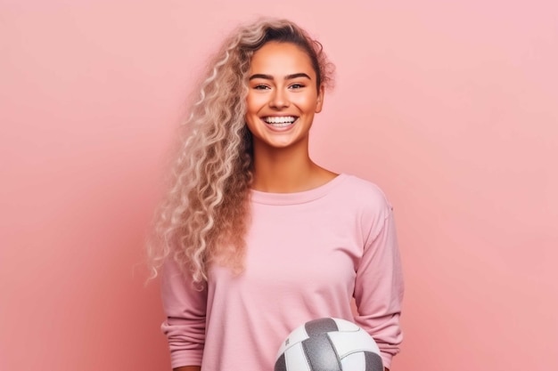 Woman holding volleyball ball isolated on pink background