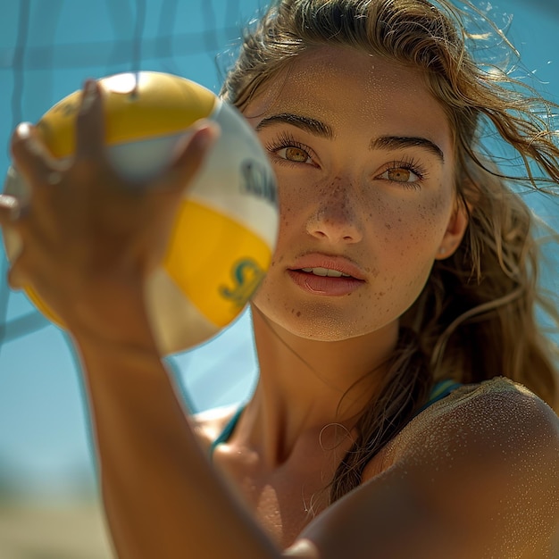 a woman holding a volleyball with a dollar bill on it