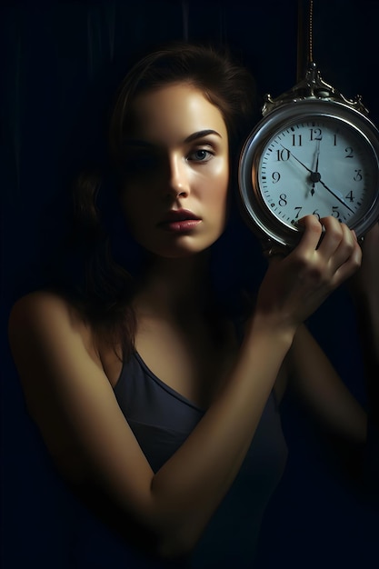 Foto donna che tiene l'orologio alta risoluzione