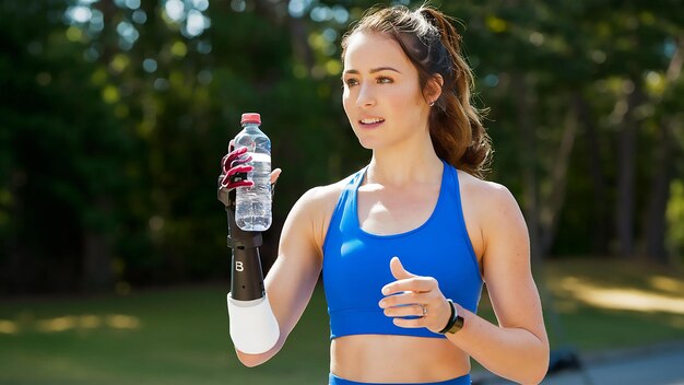 a woman holding a water bottle and a bottle of water