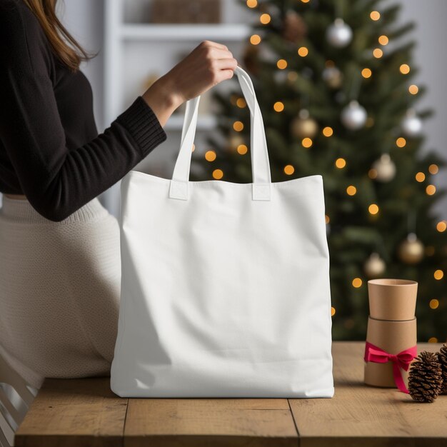 a woman holding white blank shopping bag generative AI