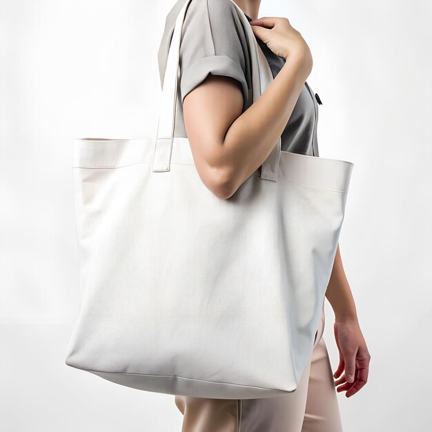 Foto donna con una borsa di tessuto bianco per il mockup