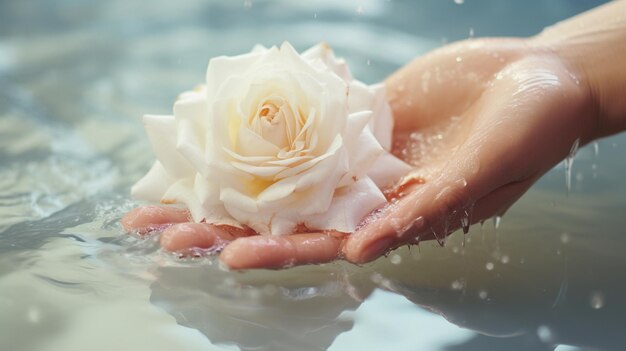 Woman holding white flower in water close up
