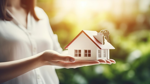 Woman holding white house model and house key in handMortgage loan approval home loan and insurance concept