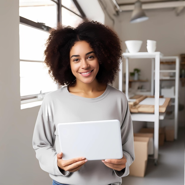 A woman holding a white laptop in a room with a window behind her.