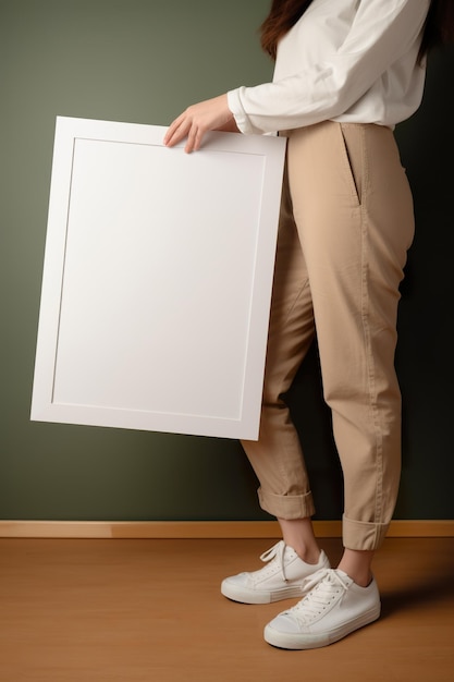 A woman holding a white picture frame in her hands Generative AI image Paper poster mockup