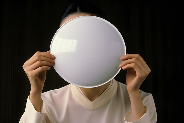 A woman holding a white plate in front of her face Generative AI