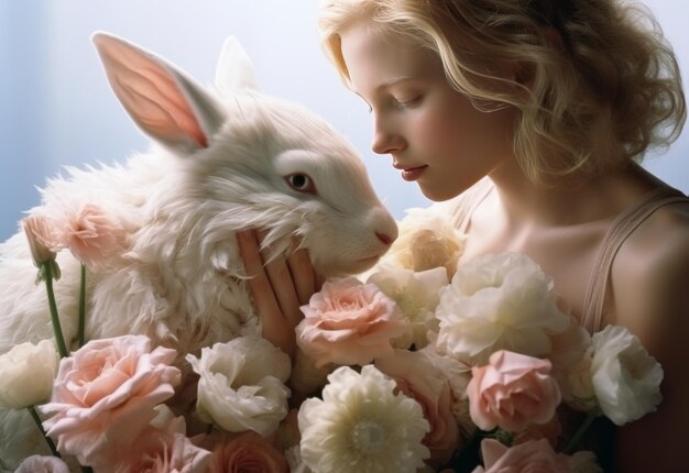 Photo woman holding white rabbit in bouquet of flowers