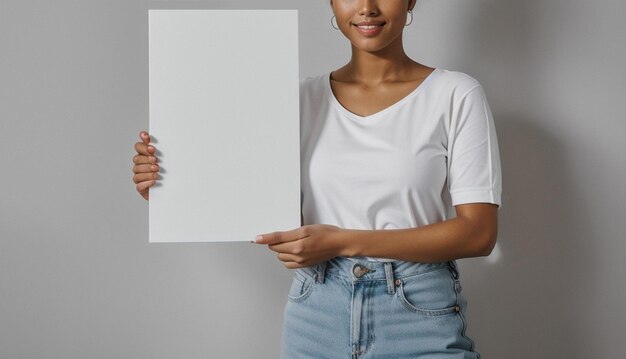 Photo a woman holding a white sign over her face banner mockup generated by ai