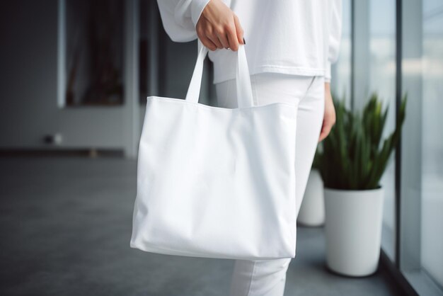 Premium AI Image | Woman holding white textile bag against mall ...