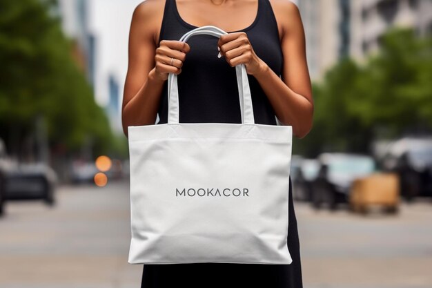 woman holding a white tote bag with a mock mock generative ai