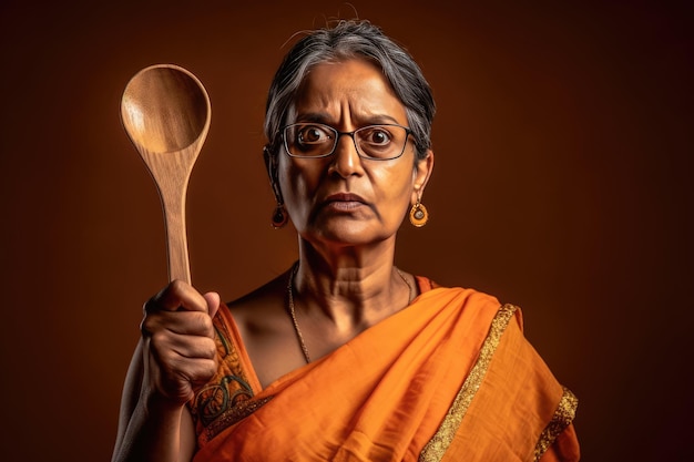 A woman holding a wooden spoon with a stern facial expression