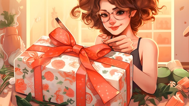 A woman holding a wrapped present in a beautiful painting