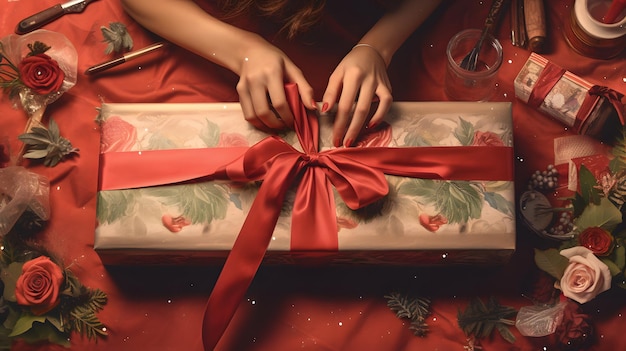 A woman holding a wrapped present on top of a table