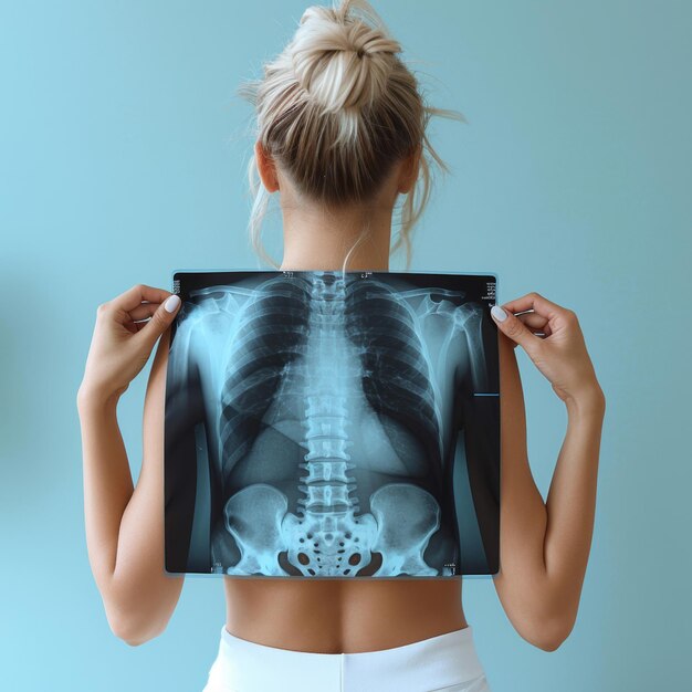 a woman holding a x ray image of a skeleton