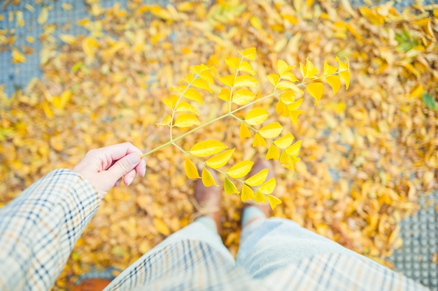 Woman holding yellow autumn leaves wearing vintage clothing