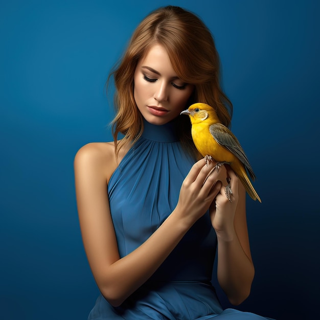 a woman holding a yellow bird with a blue background.