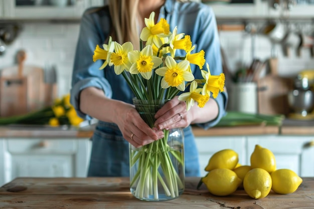 woman holding yellow daffodils in glass jar on a wooden table and a plate full of lemons beside it against blur kitchen background