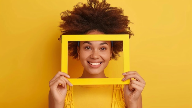 a woman holding a yellow frame that says  she is holding it