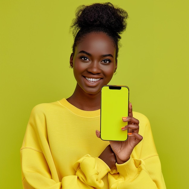 a woman holding a yellow phone that says she is holding it