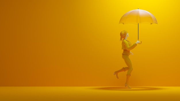 黄色い傘を持っている女性。上から光を見上げた。黄色い部屋で。最小限のアイデアの概念、漫画のキャラクター、3Dレンダリング。