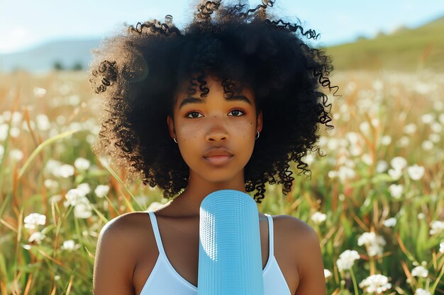 Photo woman holding a yoga mat while standing on her phone