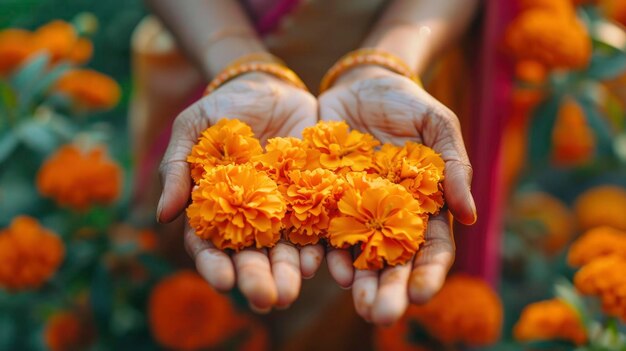 Woman holdings marigold flowers