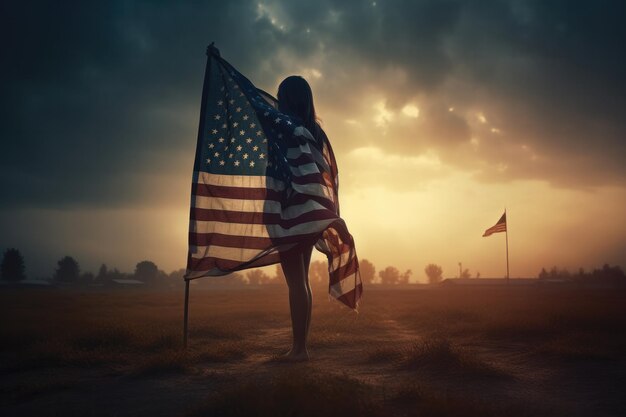 a woman holds an american flag ndependence day illustration