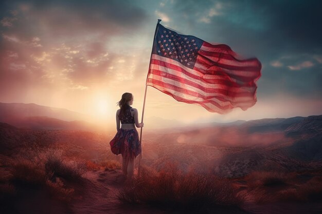 a woman holds an american flag ndependence day illustration