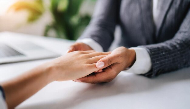 woman holds anothers hand over a white table conveying support and compassion