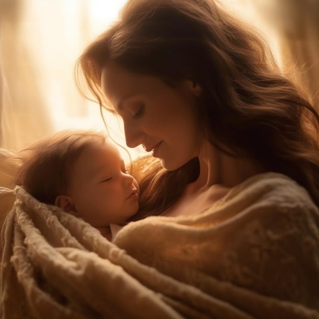 A woman holds a baby in a blanket with the sun behind her.