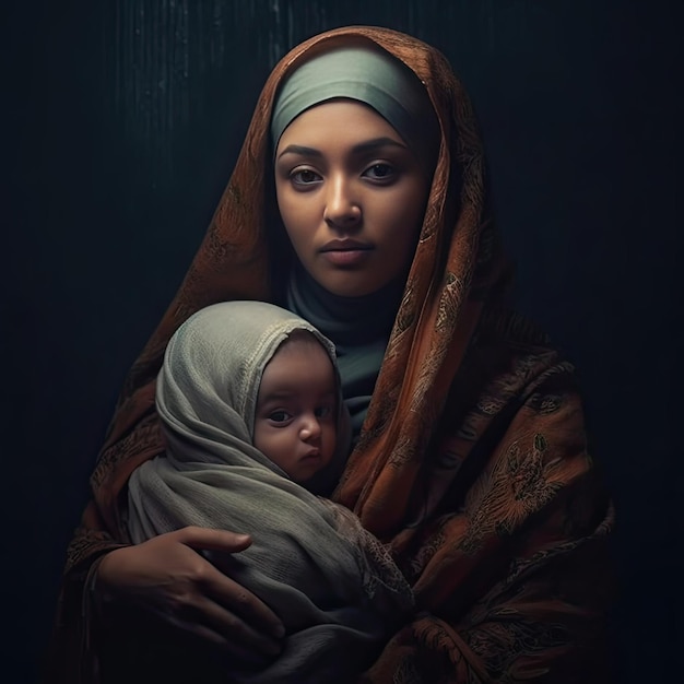 A woman holds a baby in a dark room.