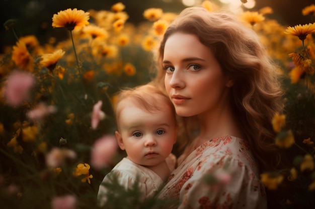 A woman holds a baby in a field of flowers.