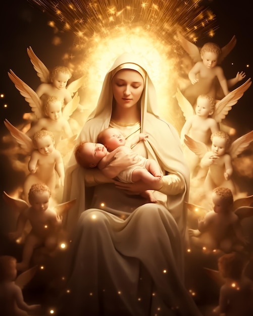 Photo a woman holds a baby in her arms with angels behind her