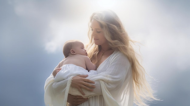 A woman holds a baby in her arms.