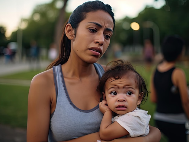 Foto una donna tiene in braccio un bambino e guarda la telecamera.