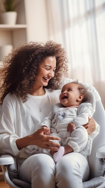 Photo a woman holds a baby and smiles with her hands on her hips