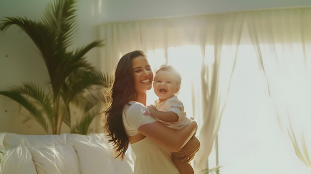 a woman holds a baby and smiles