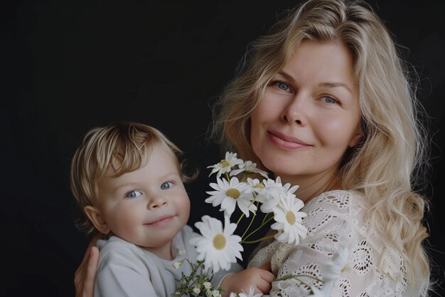 a woman holds a baby and smiling with a white flower in her hand