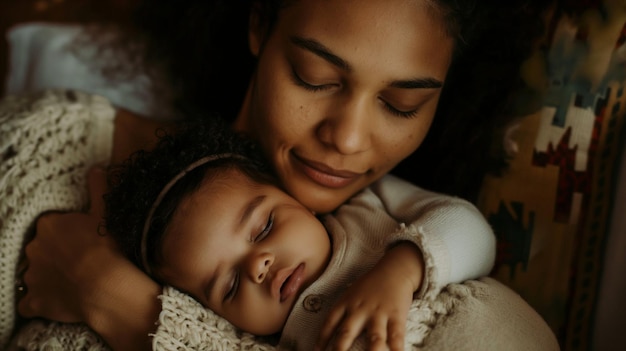 a woman holds a baby with her eyes closed