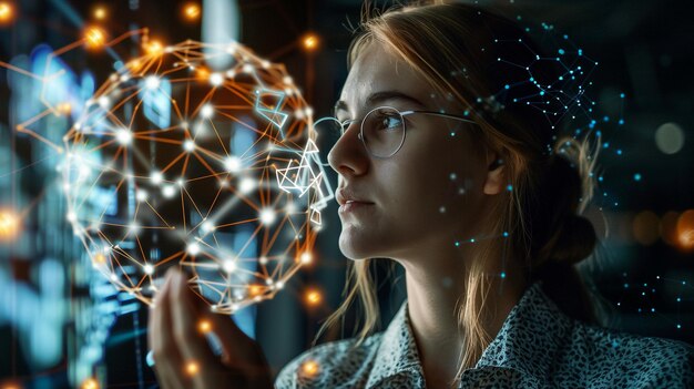 a woman holds a ball of led lights in front of a computer screen