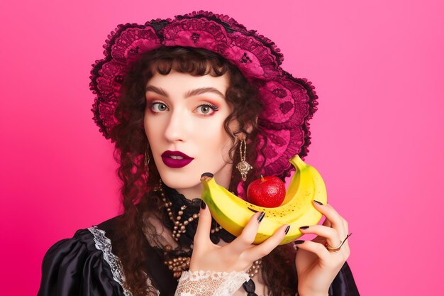 A woman holds bananas with pink background