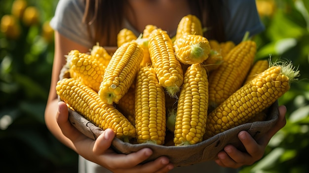 a woman holds a basket of corn