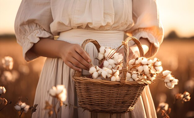 A woman holds a basket filled with fluffy cotton