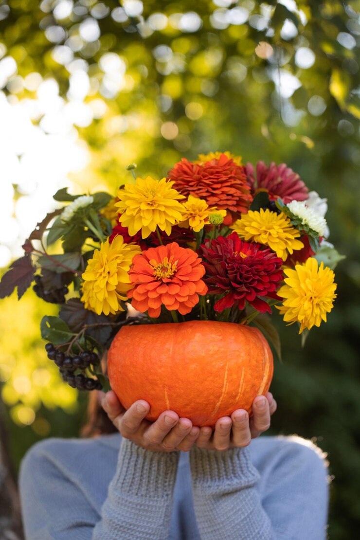 Photo a woman holds a beautiful autumn bouquet in a pumpkin in front of her face autumn thanksgiving day