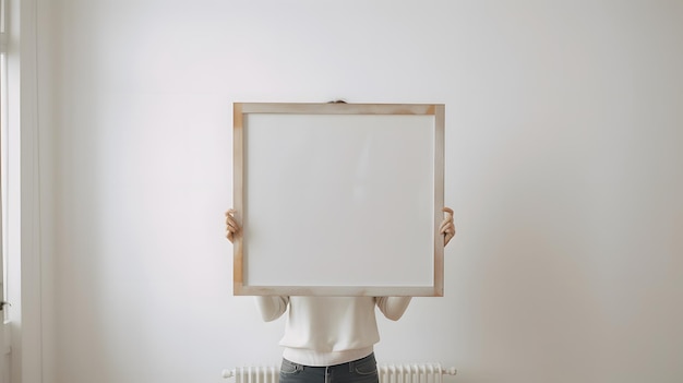 A woman holds a blank white canvas over her head.