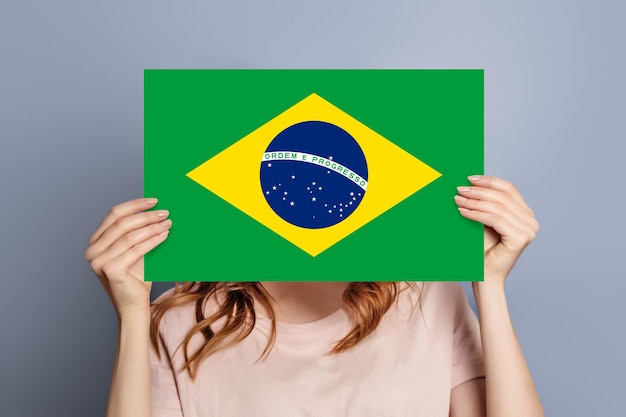 Woman holds blank white speech bubble with brazil flag