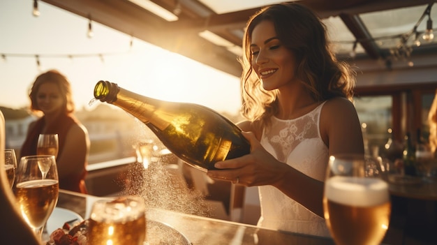 Woman holds a bottle of champagne at a party